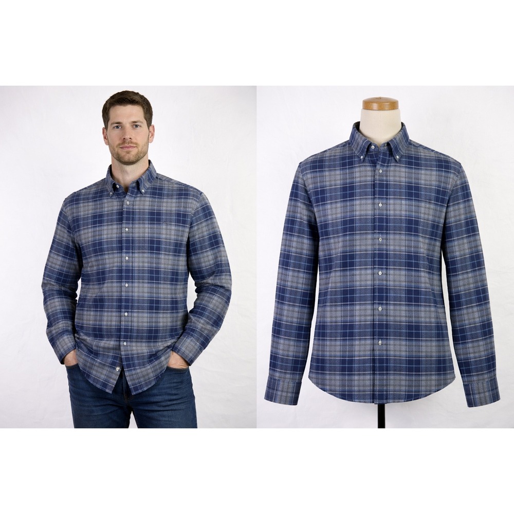UNTUCKit Men Large Blue Grey Plaid Wrinkle Free Cotton Flannel Button Down Shirt